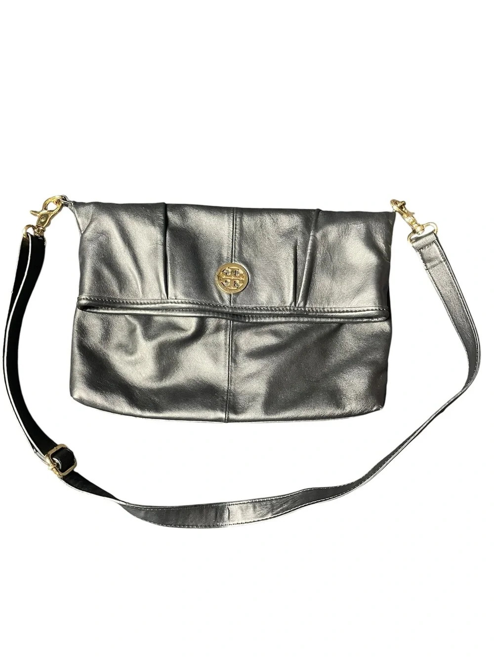 Tory Burch Black Pebbled Leather Foldover Crossbody Convertible Bag Excellent